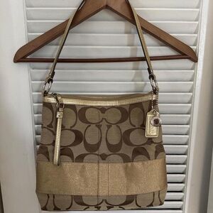 Coach Gold and Brown Signature Shoulder Bag